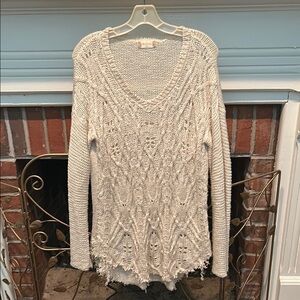 Altar'd State Cream V-Neck Sweater with Open-Knit Design